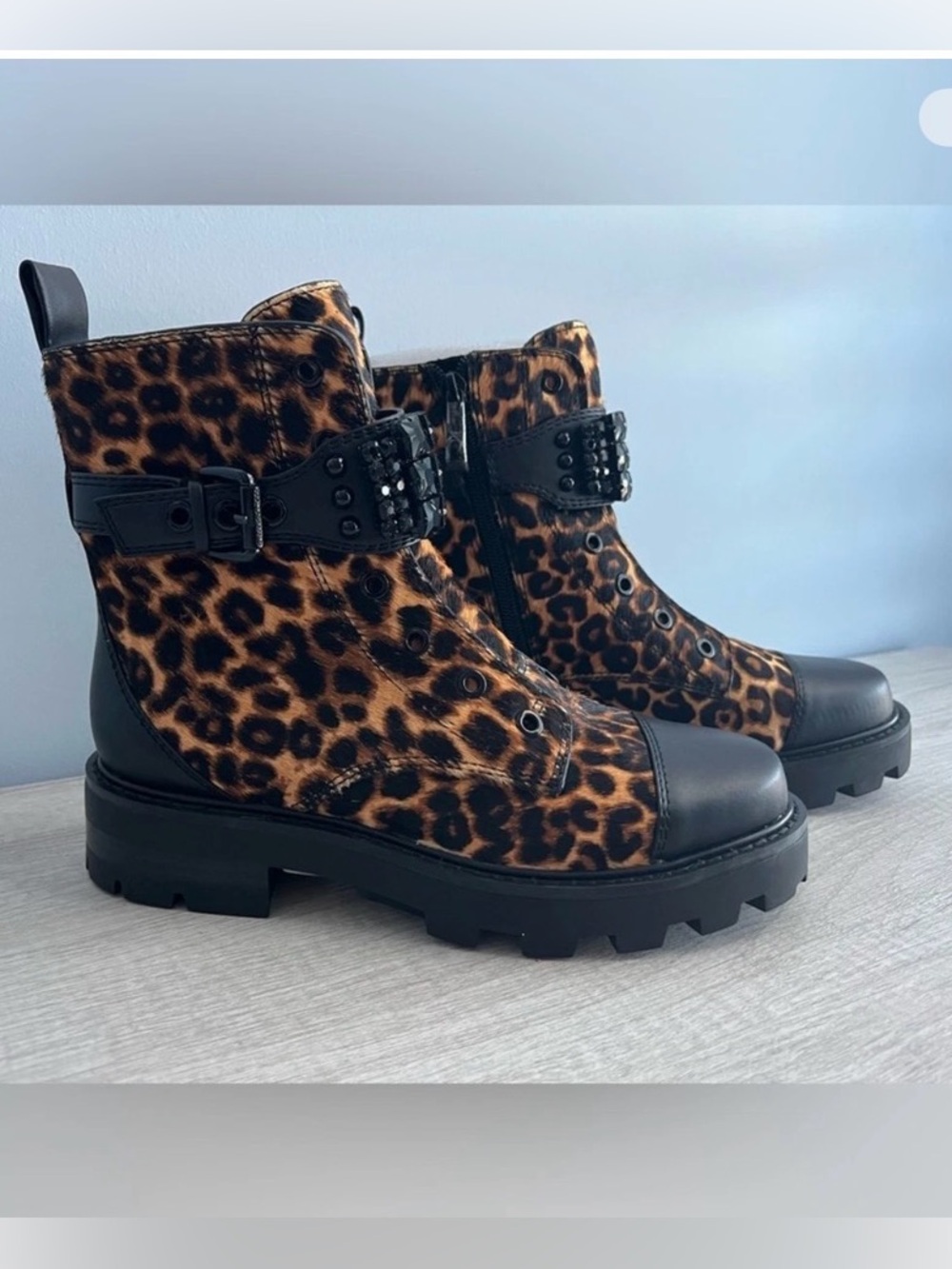 Karl Lagerfeld Paris Maeva leopard buckled combat boots.NIB